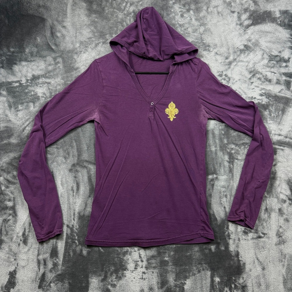 Princess Hooded Henley Top Womens Large Purple Fleur De Lis Wing Graphic Y2K